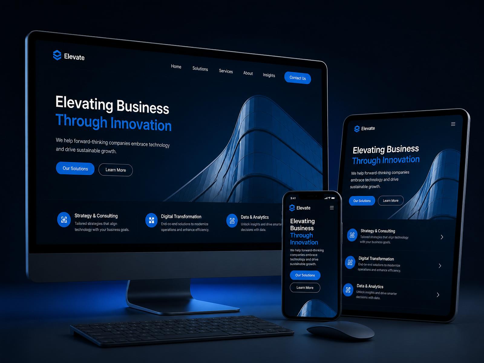 Mockup de um site profissional apresentado em desktop, tablet e celular